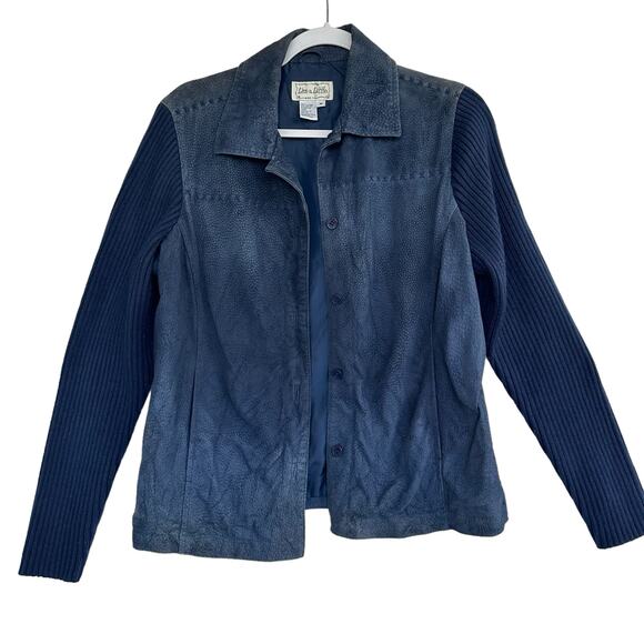 VTG Blue Suede Leather Jacket Womens M Western Knit Sleeve - Picture 8 of 11